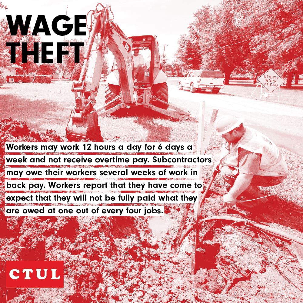 red and white image of a construction worker digging a hole with an English description of wage theft written in overlaid text