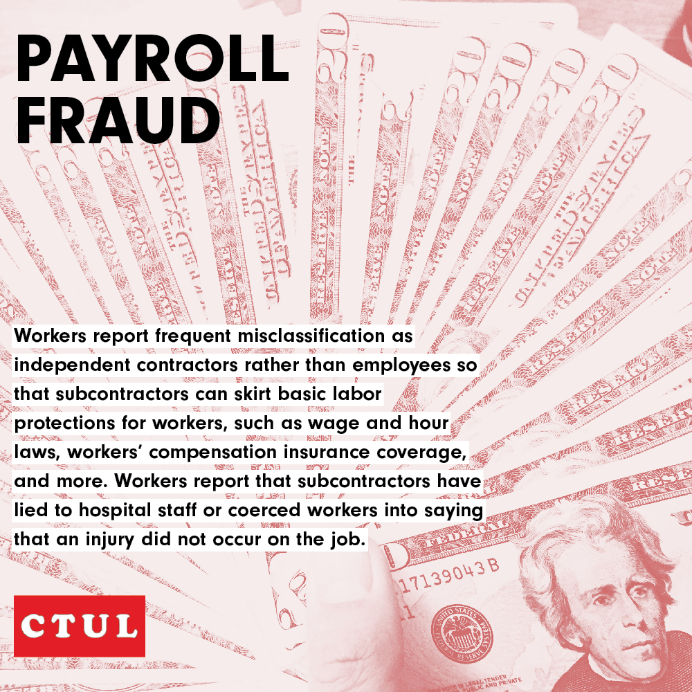 red and white image of fanned $100 bills with an English description of payroll fraud written in overlaid text