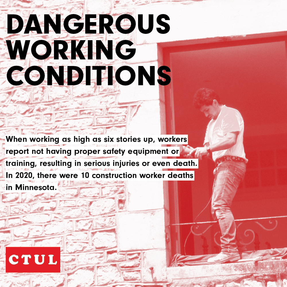 red and white image of a worker in a precarious position hanging out of a window with an English description of dangerous working conditions written in overlaid text