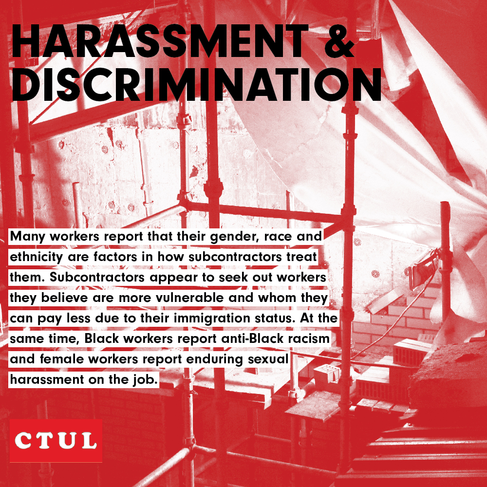 red and white image of a dark construction site with scaffolding and an English description of workplace harassment written in overlaid text