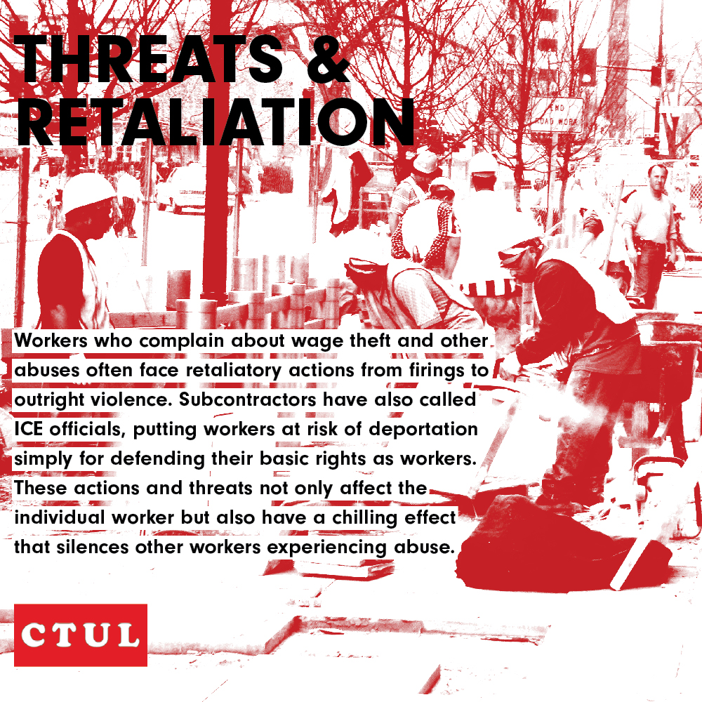 red and white image of a roadside construction site with several construction workers and an English description of workplace retaliation and itimidation written in overlaid text