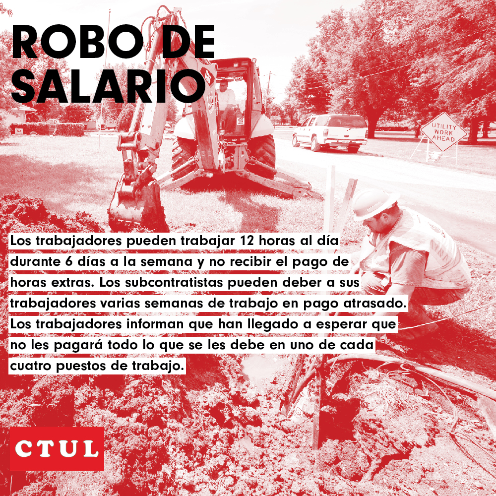 red and white image of a construction worker digging a hole with a Spanish description of wage theft written in overlaid text