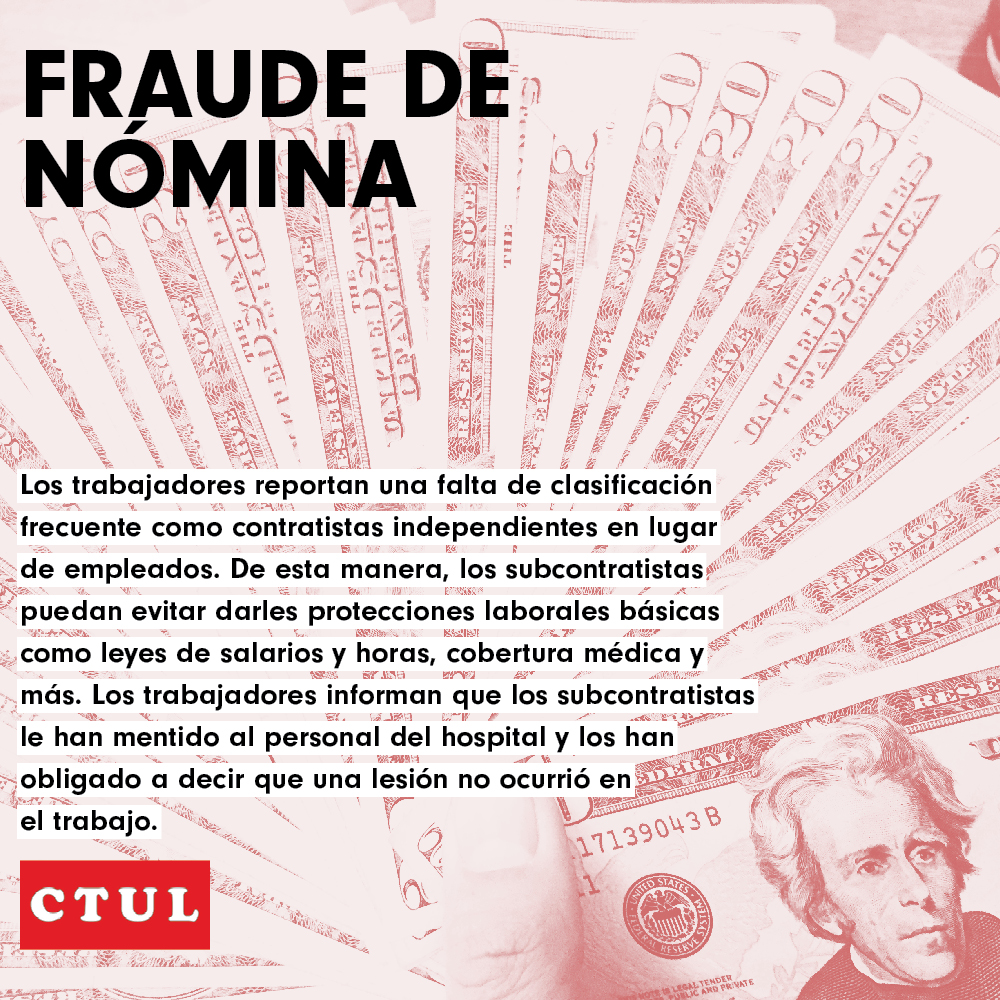 red and white image of fanned $100 bills with a Spanish description of payroll fraud written in overlaid text