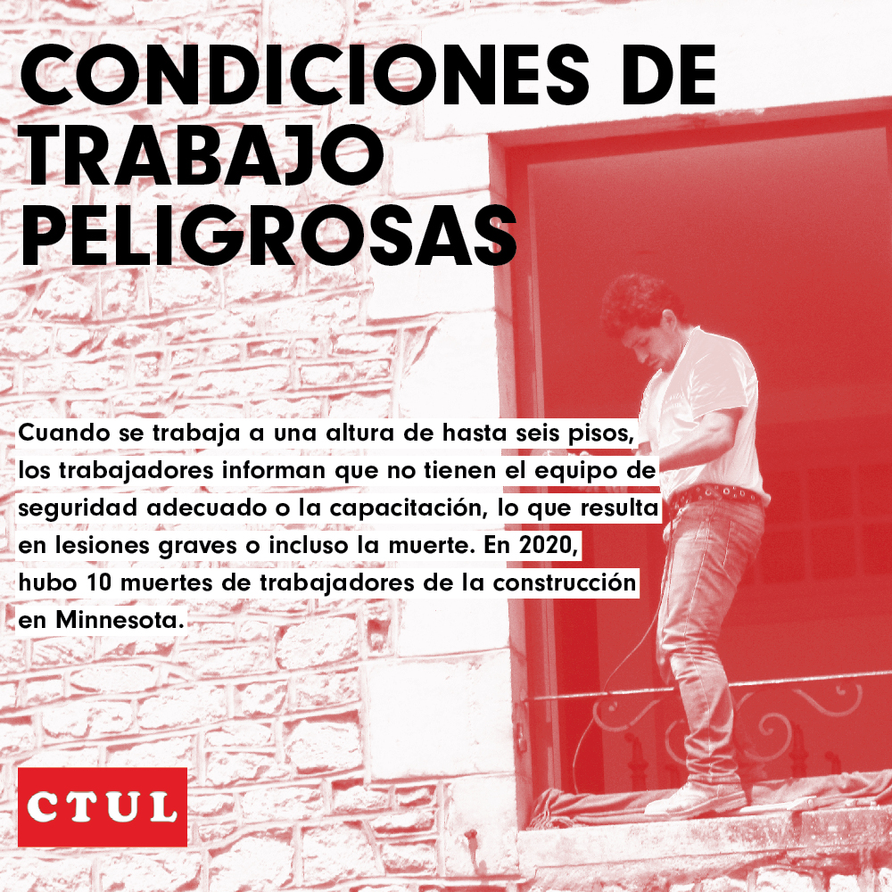red and white image of a worker in a precarious position hanging out of a window with an Spanish description of dangerous working conditions written in overlaid text