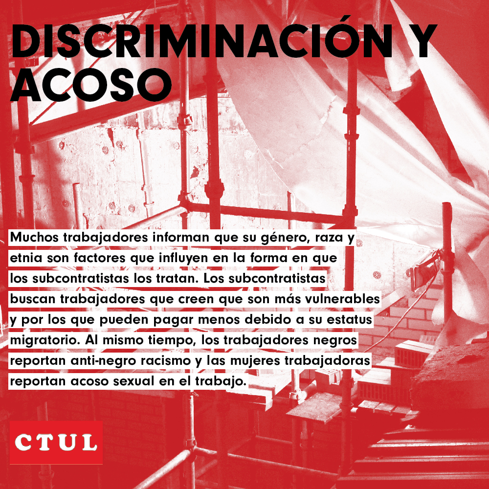 red and white image of a dark construction site with scaffolding and a Spanish description of workplace harassment written in overlaid text