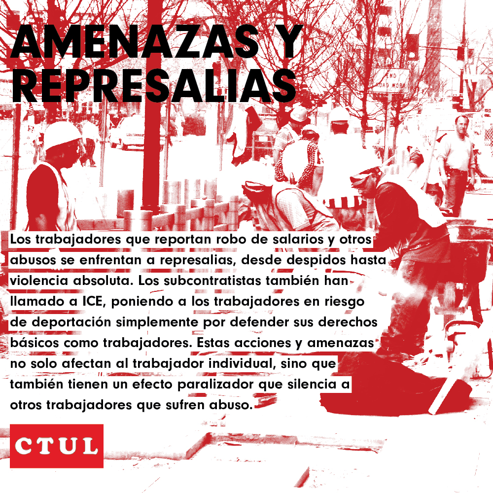 red and white image of a roadside construction site with several construction workers and a Spanish description of workplace retaliation and itimidation written in overlaid text