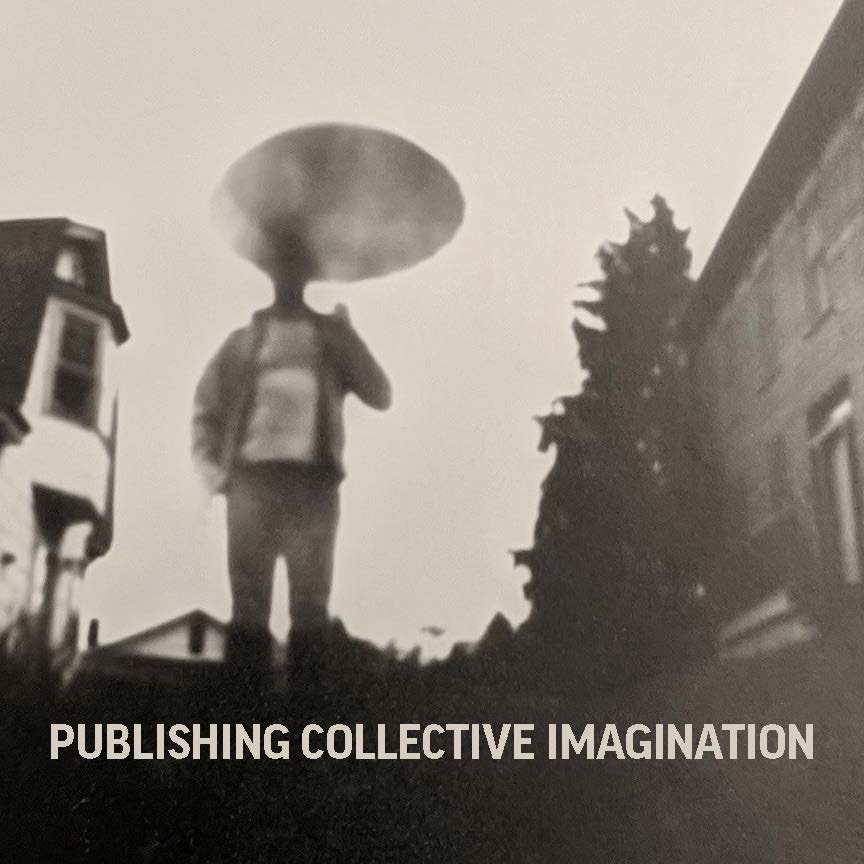 Publishing Collective Imagination book cover, black and white image of a figure holding an umbrella