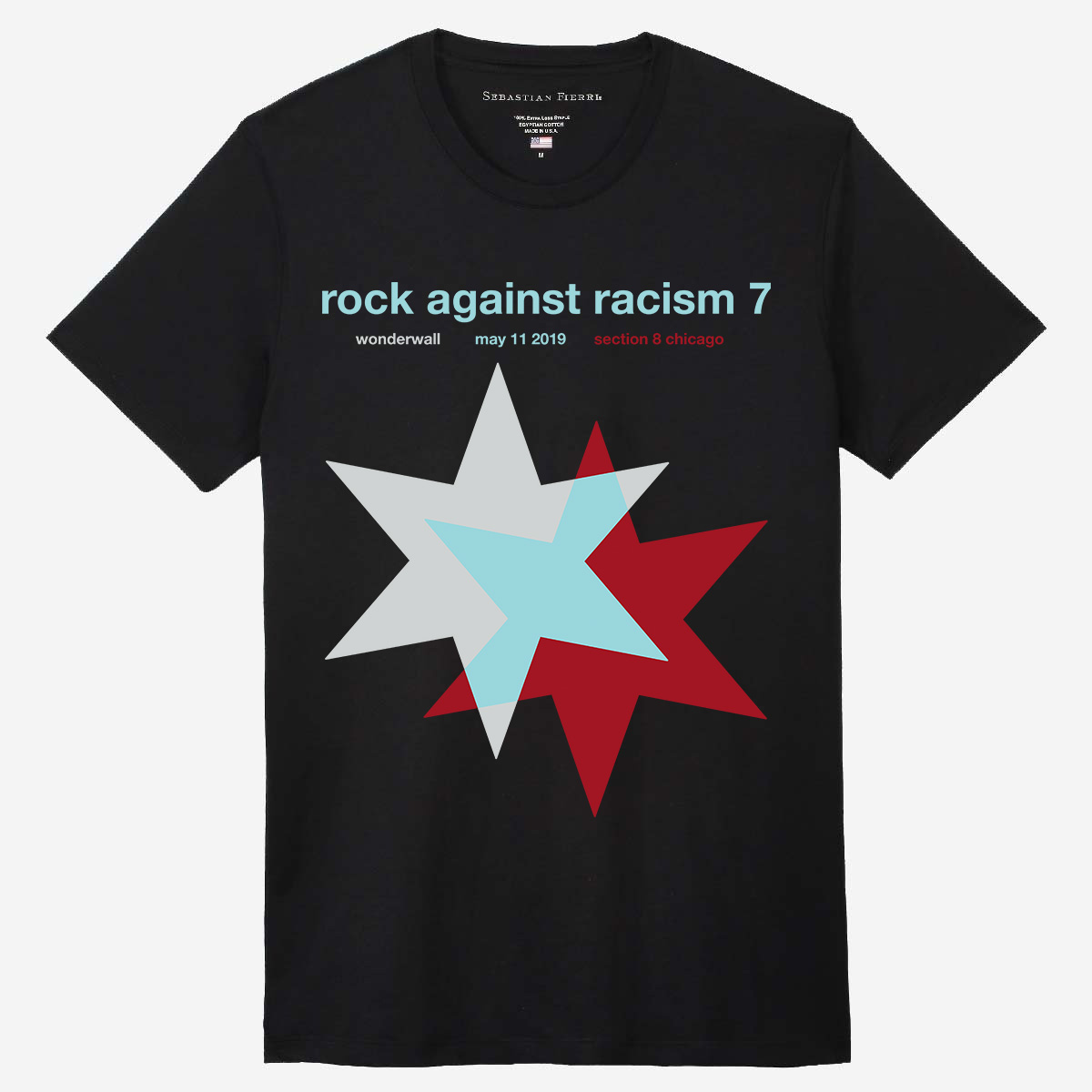 mockup of Rock Against Racism t-shirt, black shirt with red, blue, and grey text and stars