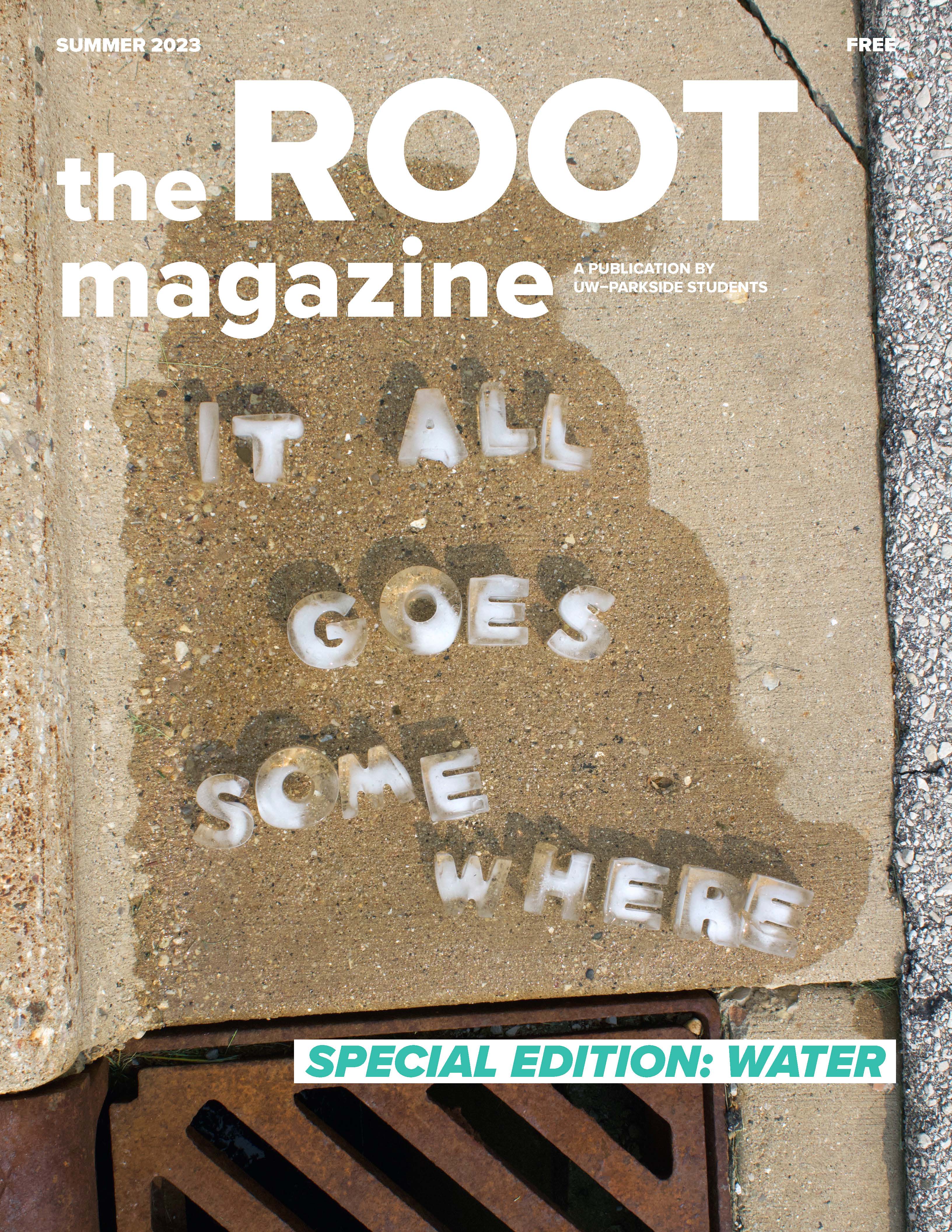 the cover of the summer 2023 Root Magazine, reading IT ALL GOES SOMEWHERE spelled out in icy typography, the letters melting in sunlight