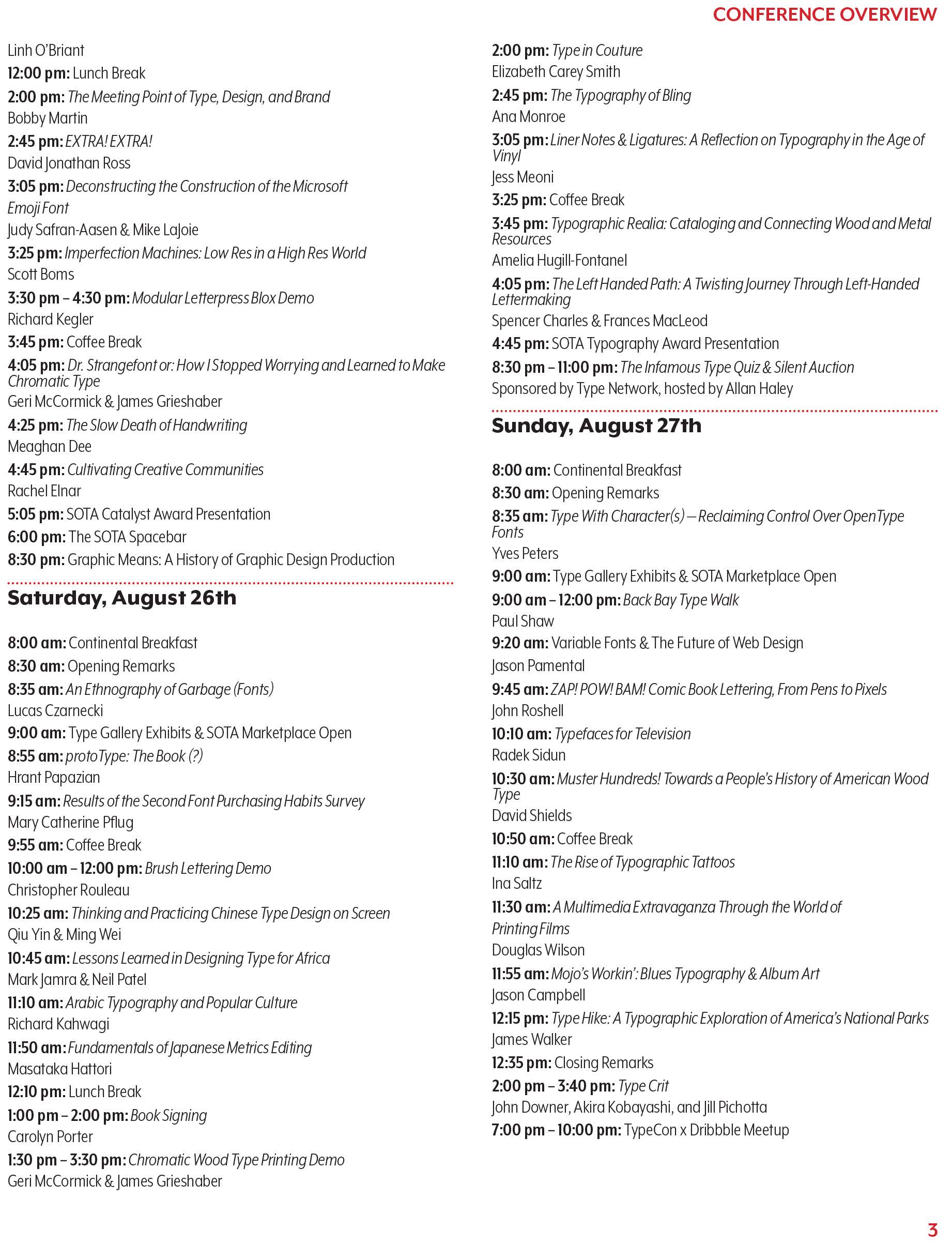 digital image of a page from the program, listing the events for two days of the conference in black and red text