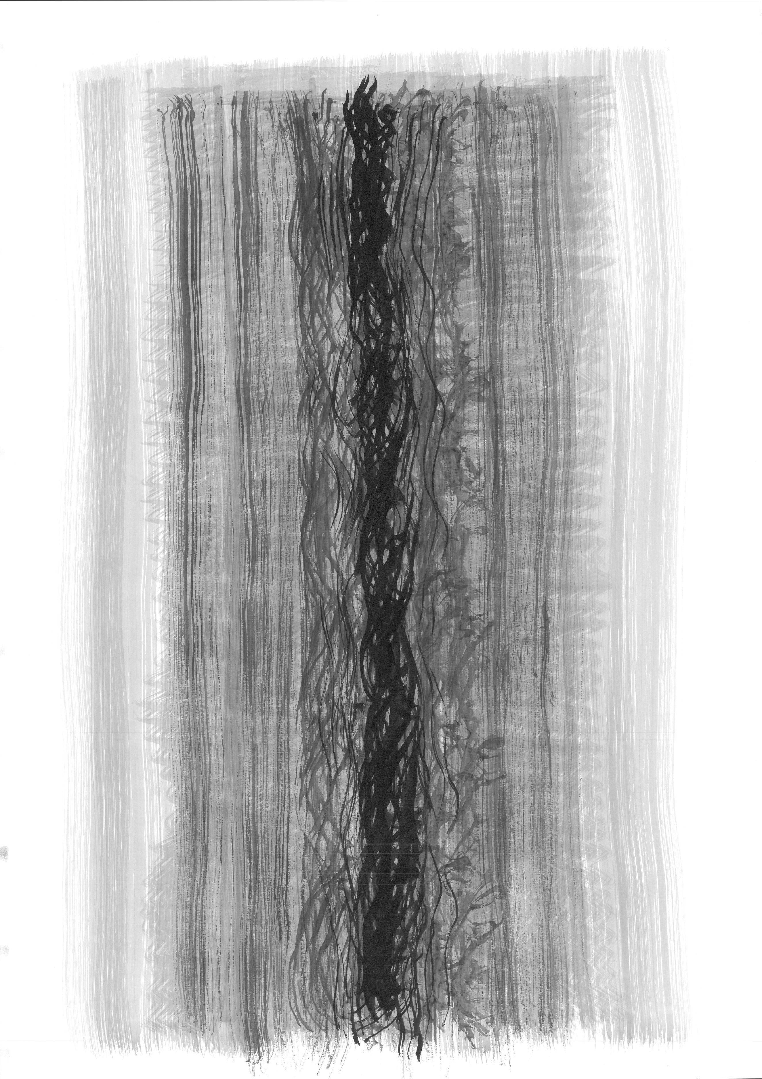 abstract drawing, black ink on paper, showing a gradient of grey to dark black and back to grey, with varying strokes