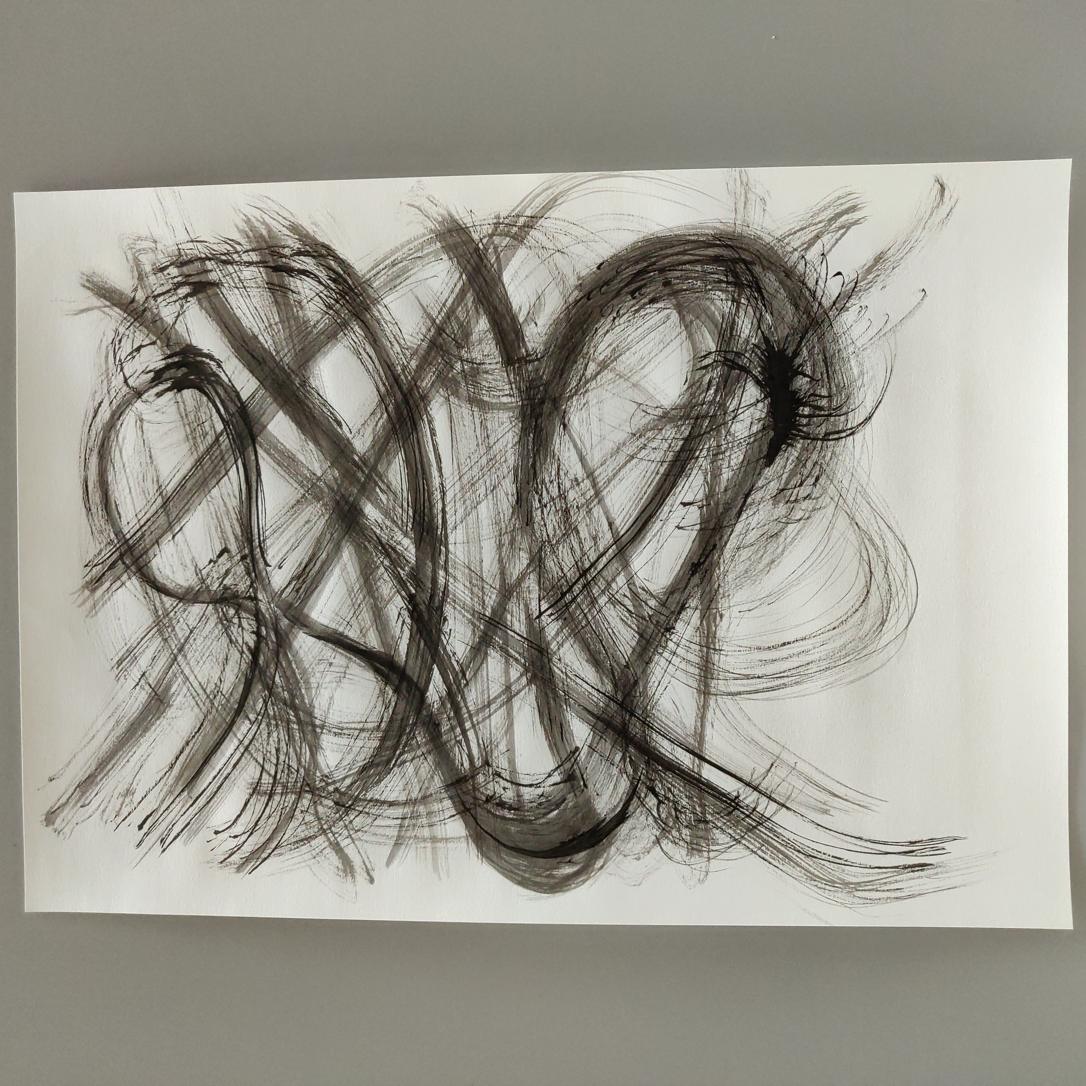photograph of an abstract drawing, black ink on paper, swirling strokes of black ink criscrossing one another